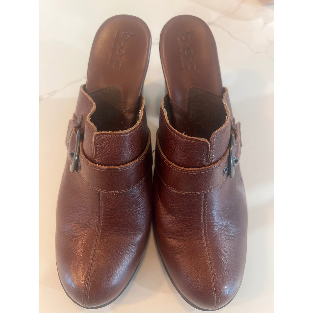 B.O.C. Born Concept Brown Leather Clogs Mules Buckle Block Heel Womens 10/42